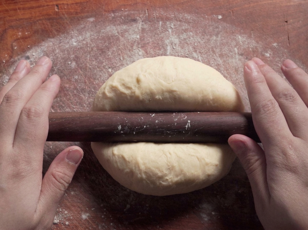 Un rouleau à pâtisserie en bois sombre utilisé pour aplatir un morceau de pâte sur une planche en bois farinée.