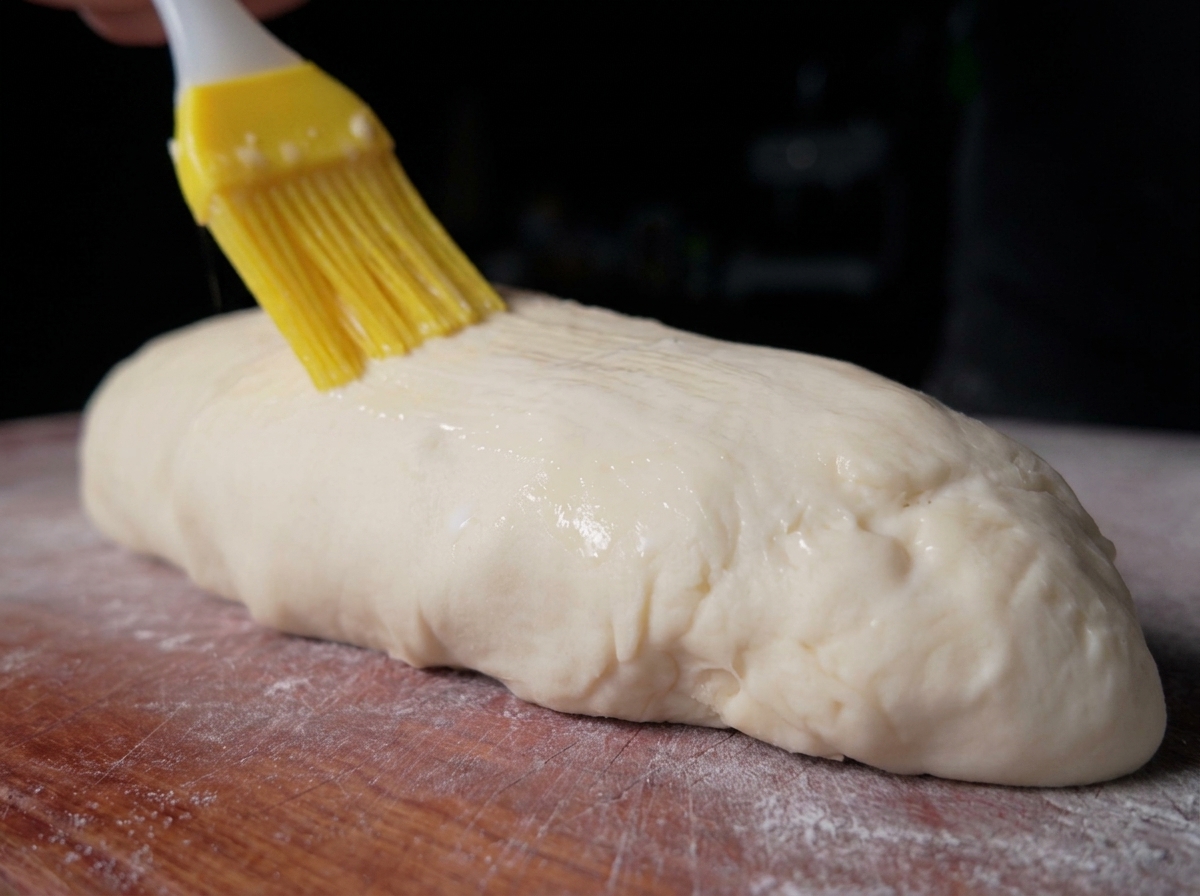 Un pinceau en silicone jaune appliquant une fine couche de lait sur un boudin de pâte pâle et gonflé.