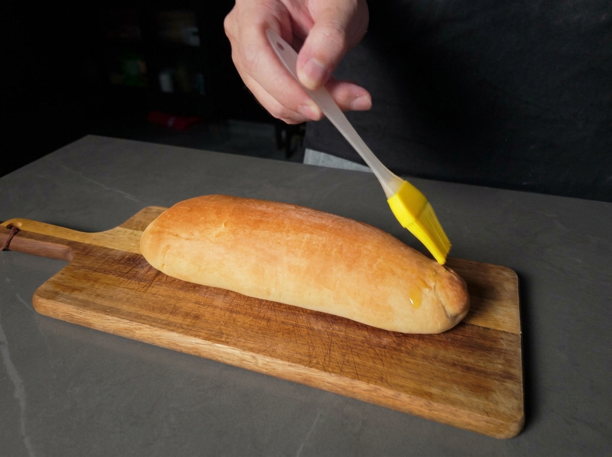 Une main utilisant un pinceau en silicone pour étaler du beurre fondu sur un pain cuit doré et chaud sur une planche à découper.