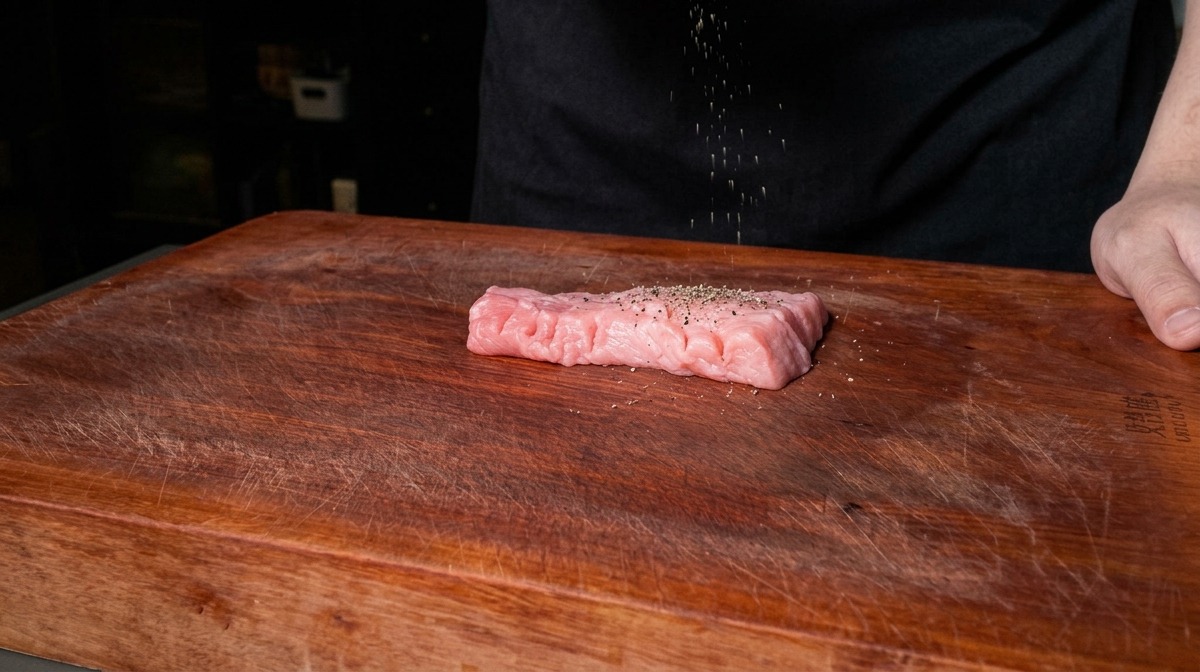 Une main tenant un saupoudreur et versant de lassaisonnement sur une pièce de porc crue posée sur une planche en bois.