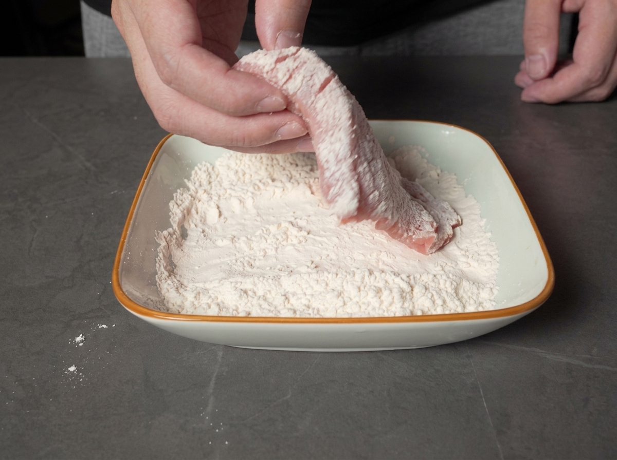 Des mains tenant une pièce de porc crue et lenrobant uniformément dans un plat carré contenant de la farine blanche.