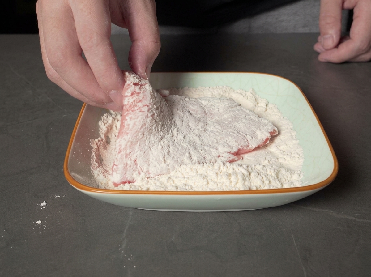 Une main tenant une pièce de porc farinée et la trempant dans un plat carré contenant de lœuf battu.