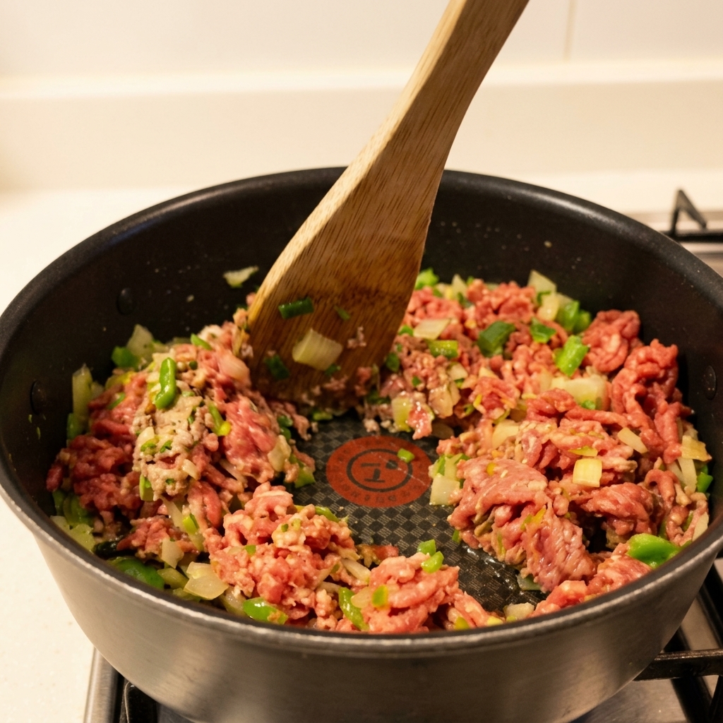 Bœuf haché émietté et mélangé avec une spatule en bois dans une poêle avec des légumes.
