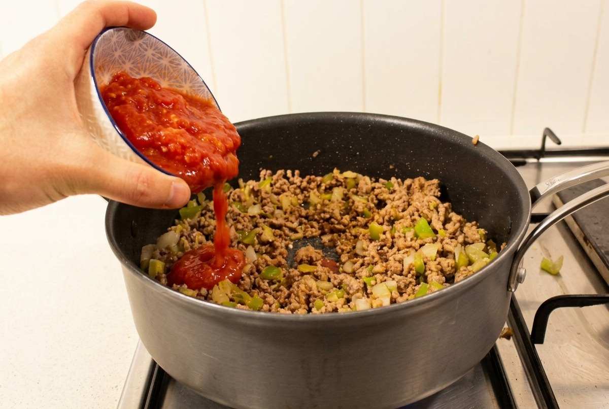 Des tomates concassées épaisses versées dun bol dans la poêle de bœuf haché doré.