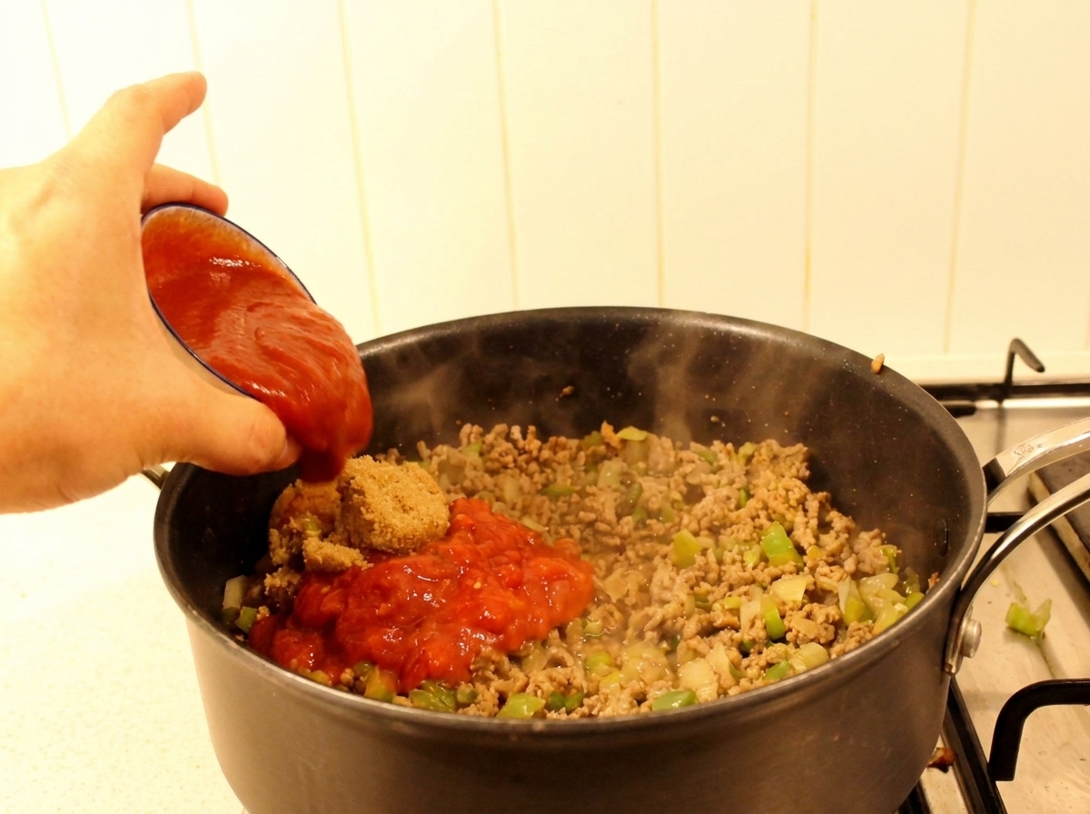 Ajout de ketchup et de cassonade dans la poêle contenant le bœuf haché et les poivrons.