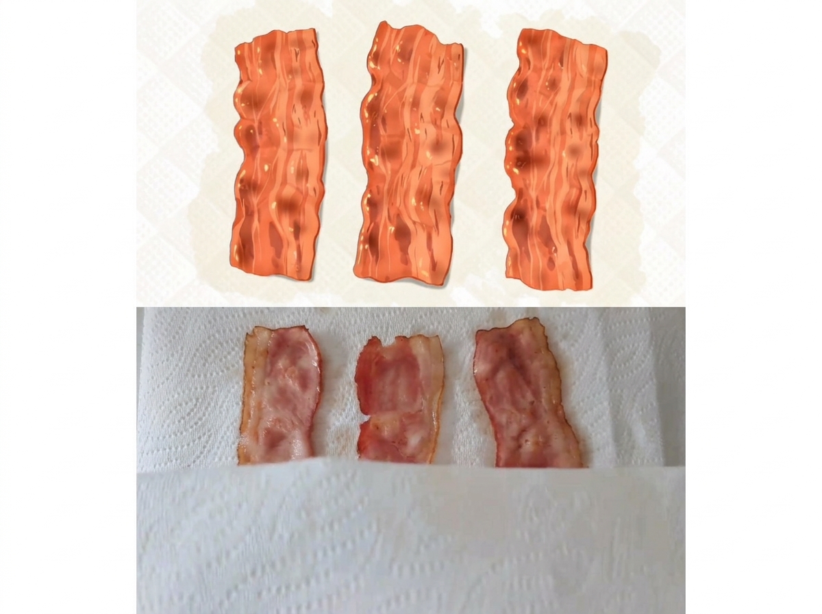 Trois tranches de bacon bien grillées posées sur du papier absorbant blanc.