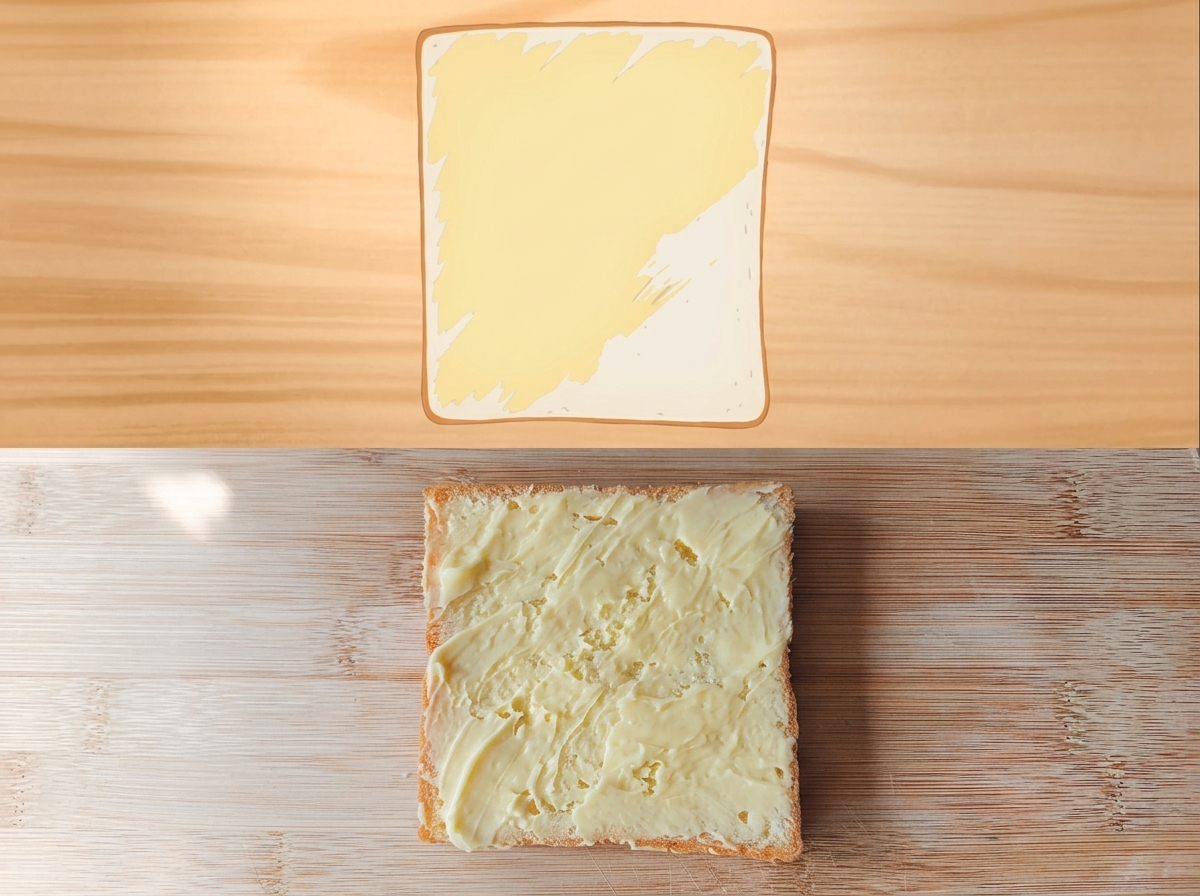 Une tranche de pain de mie blanc tartinée uniformément dun beurre jaune pâle à la moutarde.