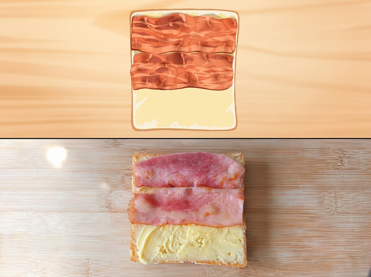 Trois tranches de bacon cuit disposées sur une tranche de pain beurrée.