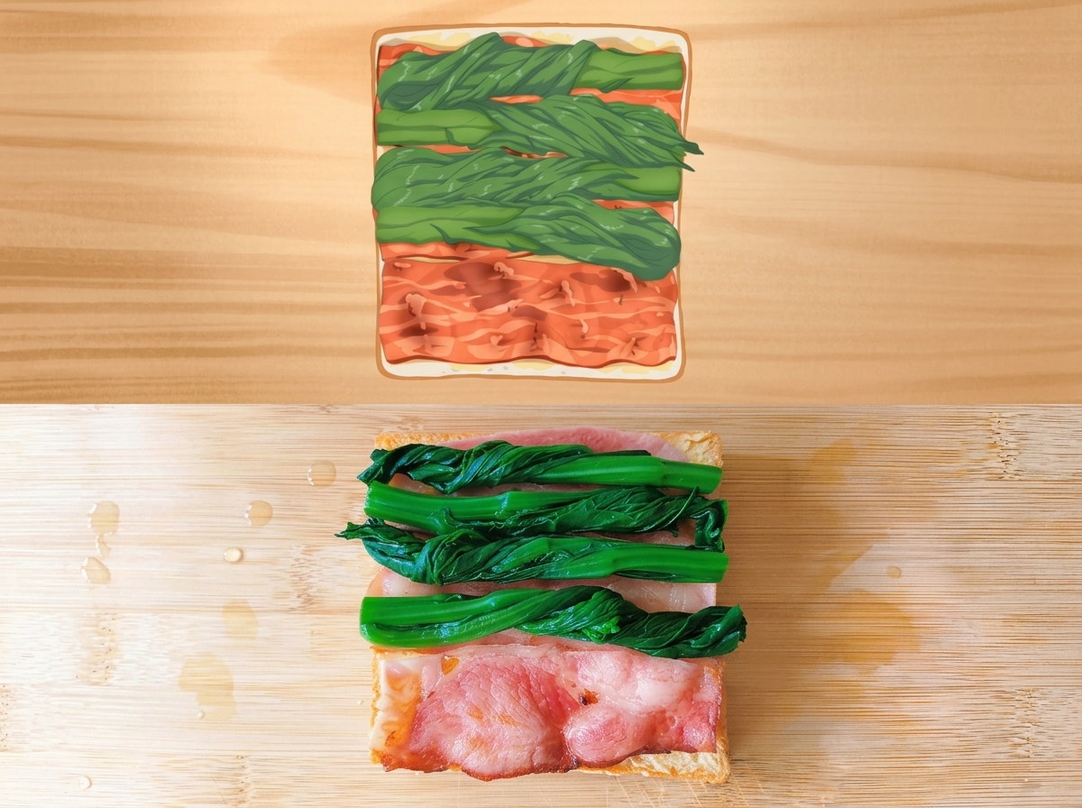 Épinards verts blanchis soigneusement disposés sur le bacon grillé.