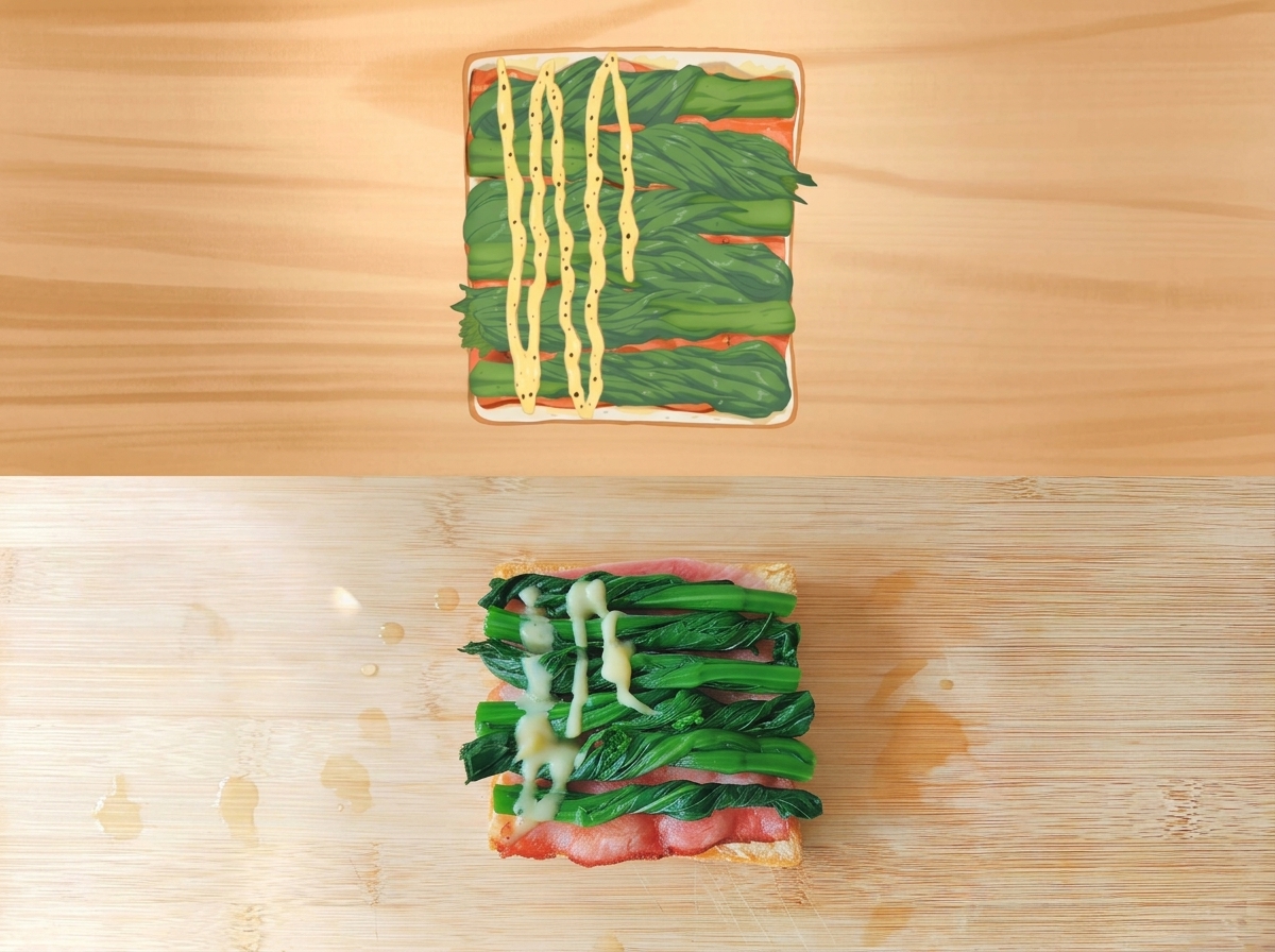 Sauce crémeuse versée en zig-zag sur la couche dépinards dans le sandwich.