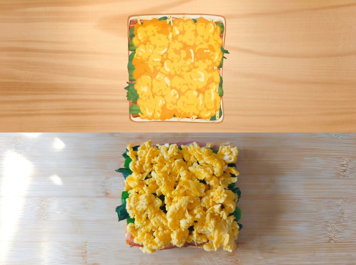 Œufs brouillés empilés sur les épinards, le bacon et la sauce sur la tranche de pain.
