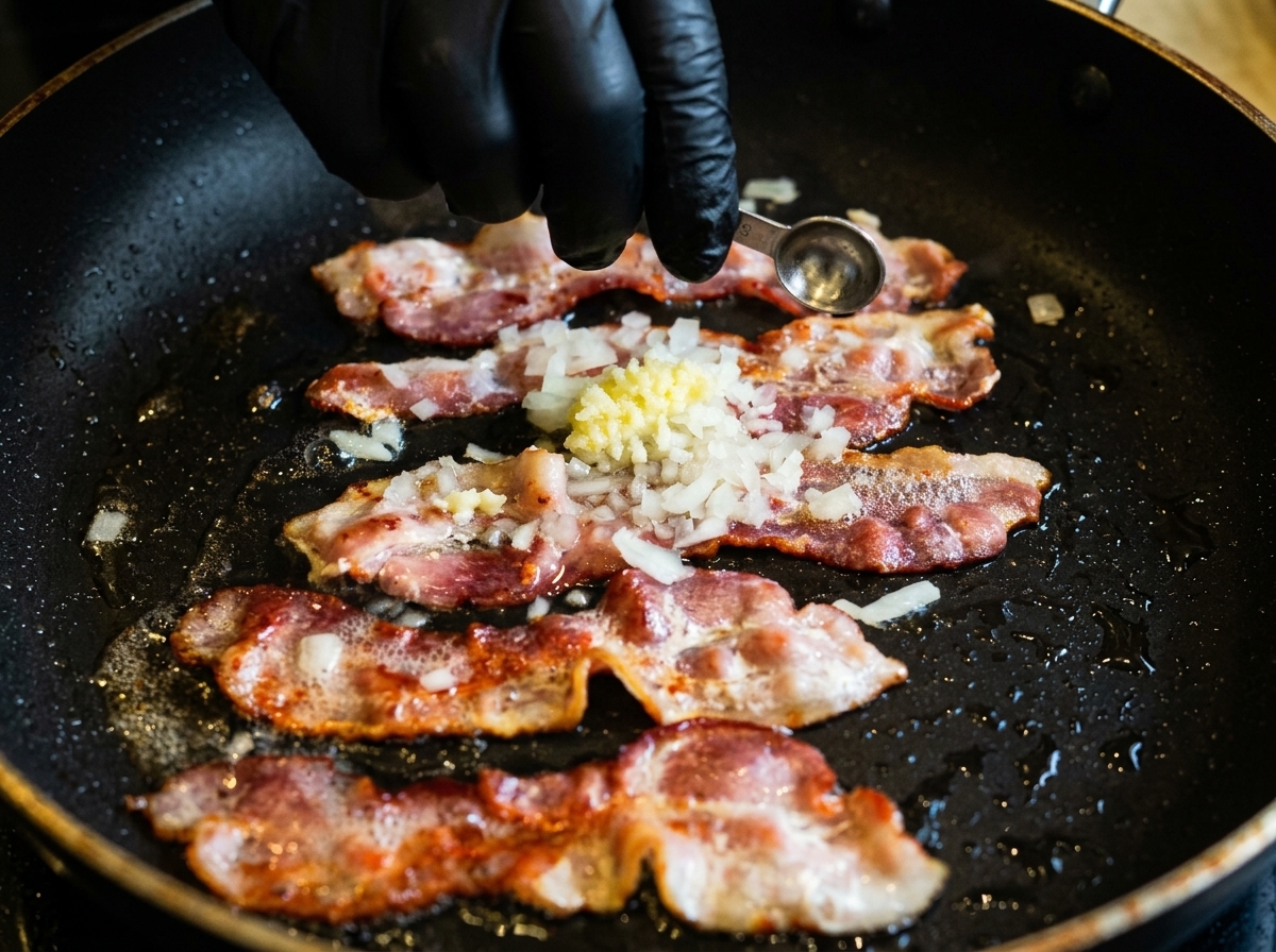 Une main portant un gant noir utilisant une cuillère doseuse pour ajouter des oignons émincés et de lail sur des tranches de bacon grésillantes.