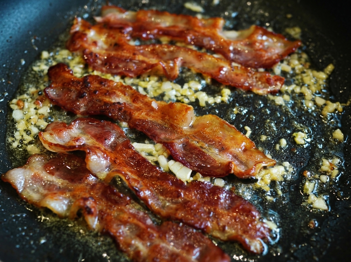 Tranches de bacon croustillantes frémissant dans un glaçage sombre et brillant au miel et au vinaigre avec des aromates hachés dans une poêle.