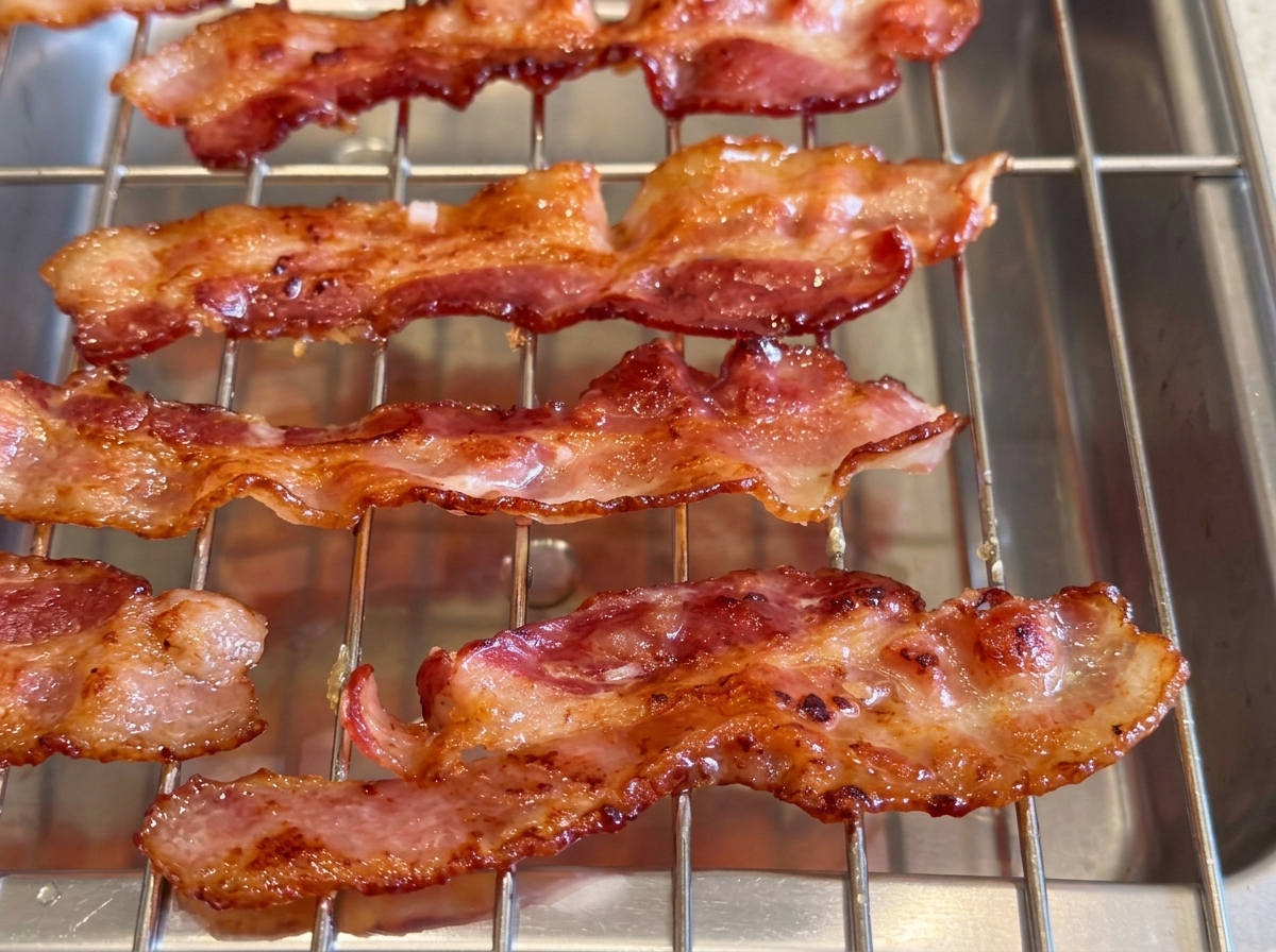 Tranches de bacon cuites au glaçage brillant reposant sur une grille de refroidissement en métal.