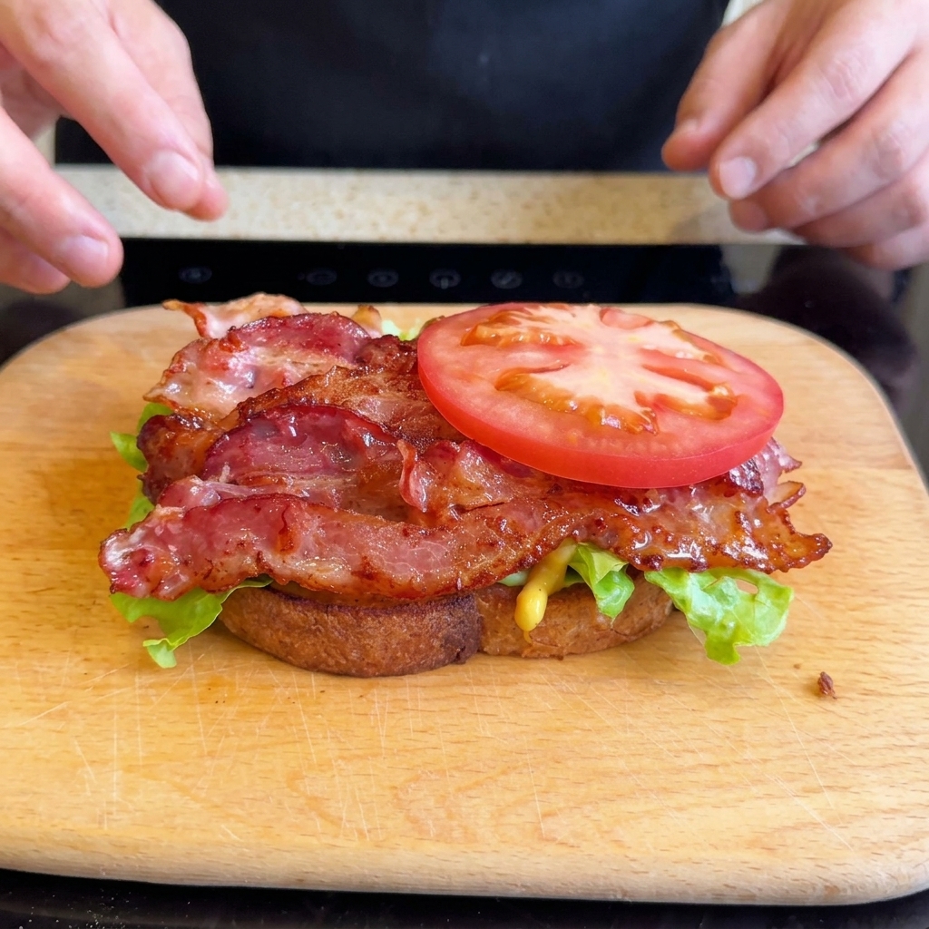 Une épaisse tranche de tomate rouge vif placée parfaitement sur une pile de bacon croustillant à lintérieur dun sandwich.