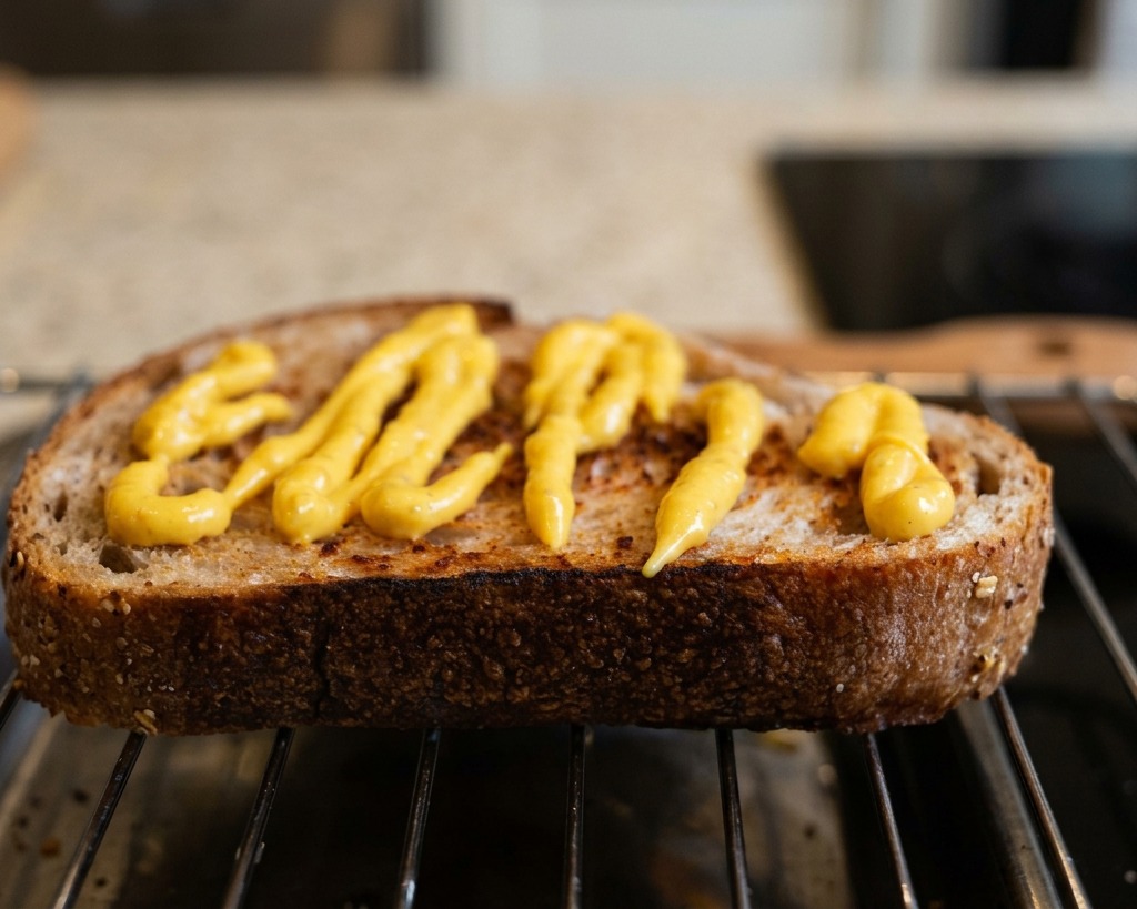 Une épaisse tranche de pain artisanal grillé reposant sur une grille, recouverte de lignes en zigzag de sauce jaune.