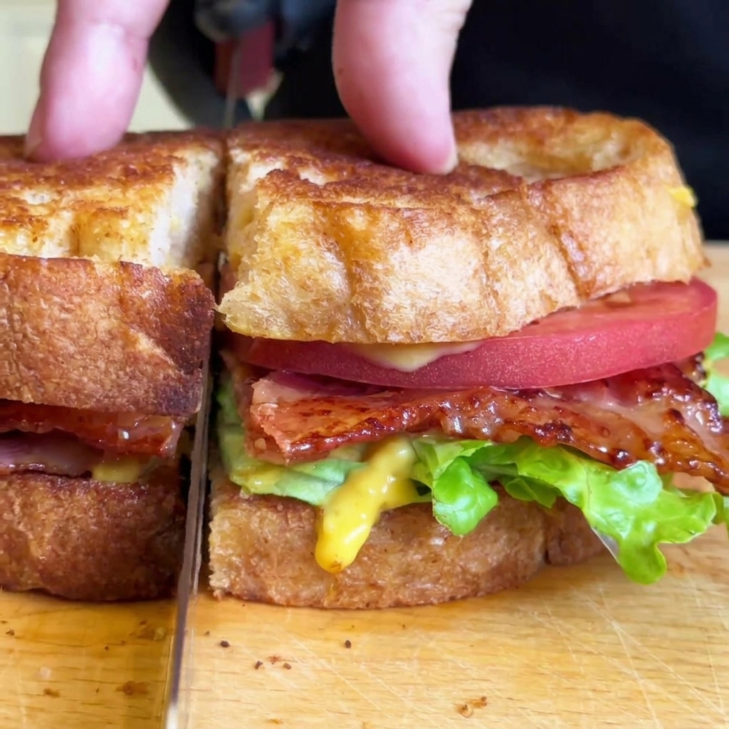 Doigts appuyant doucement sur un épais sandwich BLT assemblé pendant quun couteau dentelé le coupe en son milieu.