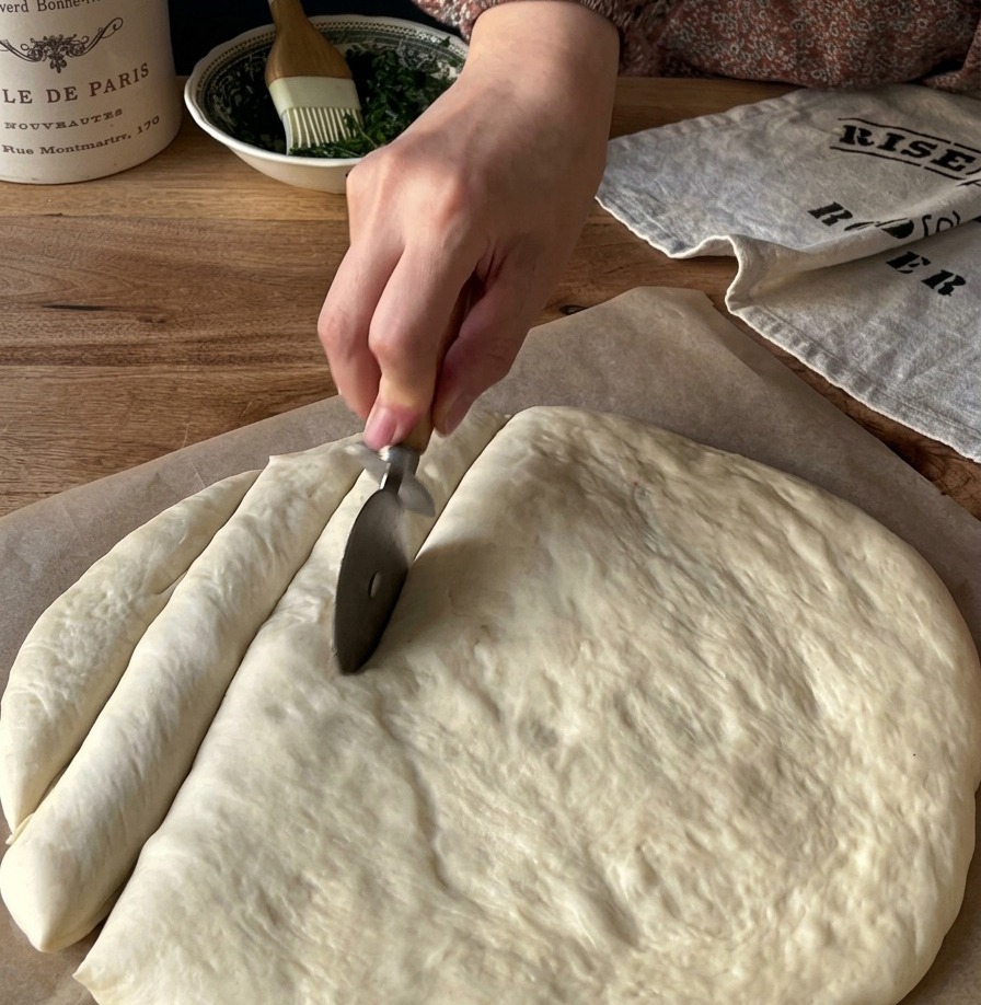 Une main incisant une pâte à pizza crue étalée sur du papier sulfurisé pour former un motif de grille.