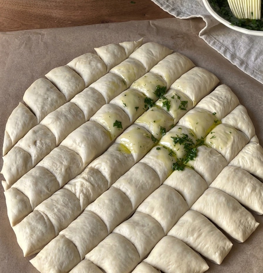 Une pâte à pizza quadrillée dont les sections brillent sous lapplication dun mélange dhuile à lail et aux herbes à laide dun pinceau à pâtisserie.