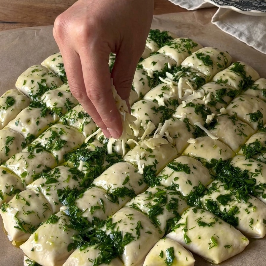 De la mozzarella râpée parsemée à la main sur un disque de pâte recouvert dhuile verte à lail et aux herbes.