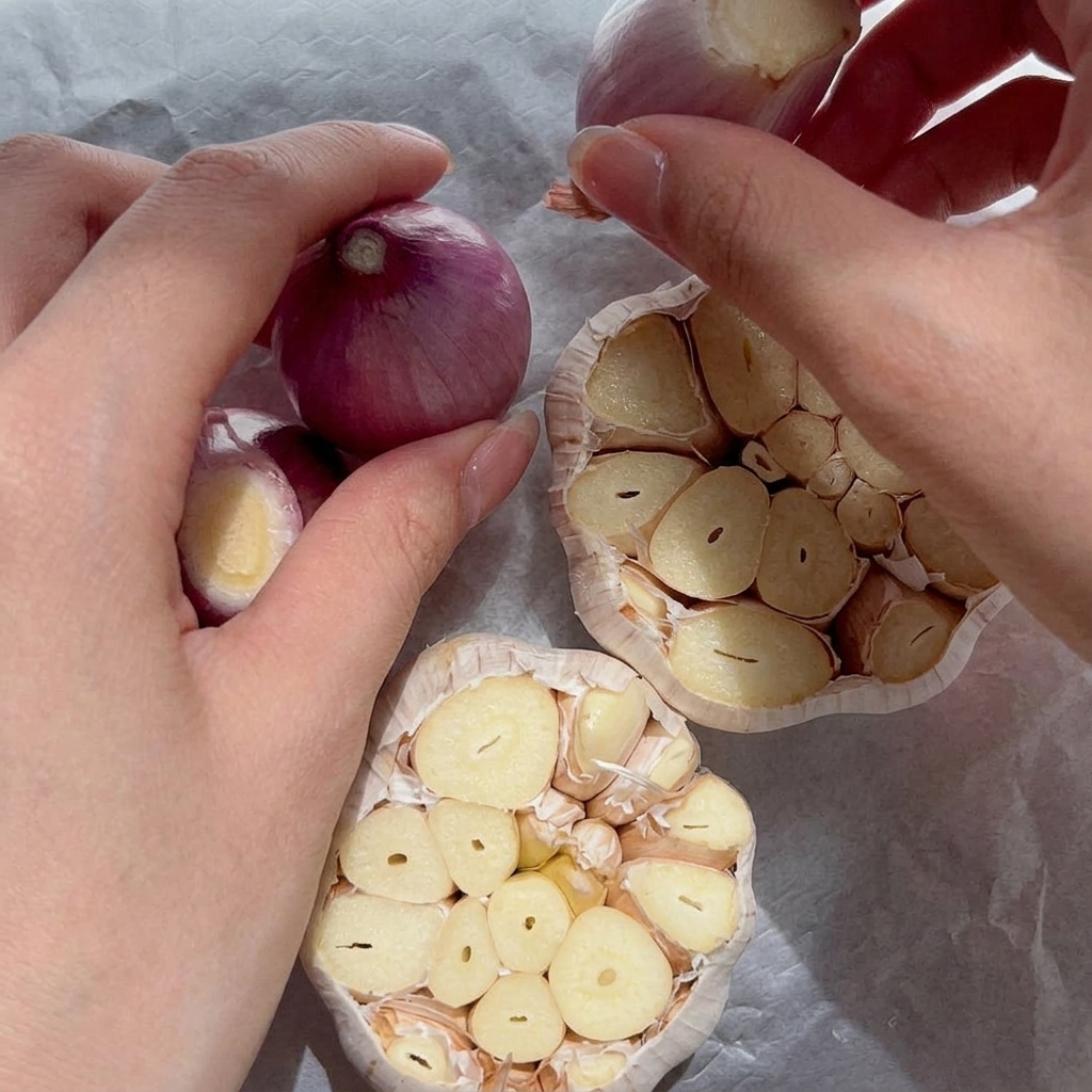 Gros plan sur des têtes dail crues dont le sommet a été coupé, arrosées dhuile sur une feuille de papier cuisson.