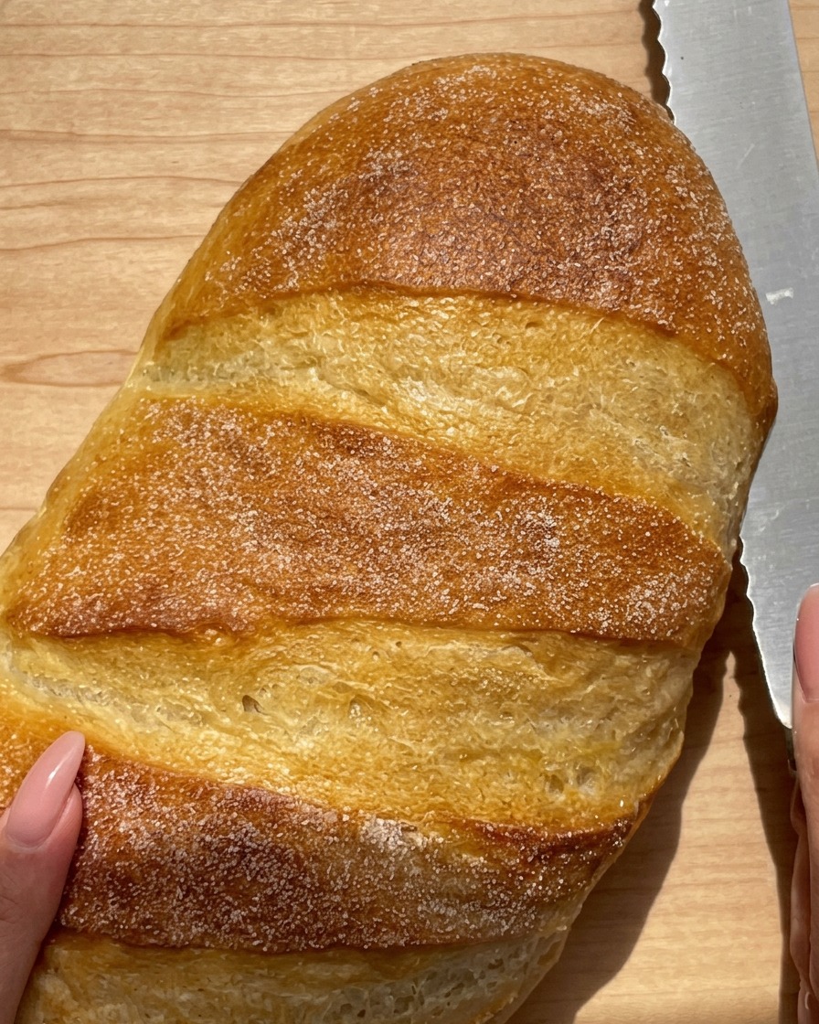 Une main utilisant un couteau à pain cranté pour couper une miche de pain croustillant horizontalement sur une planche en bois.