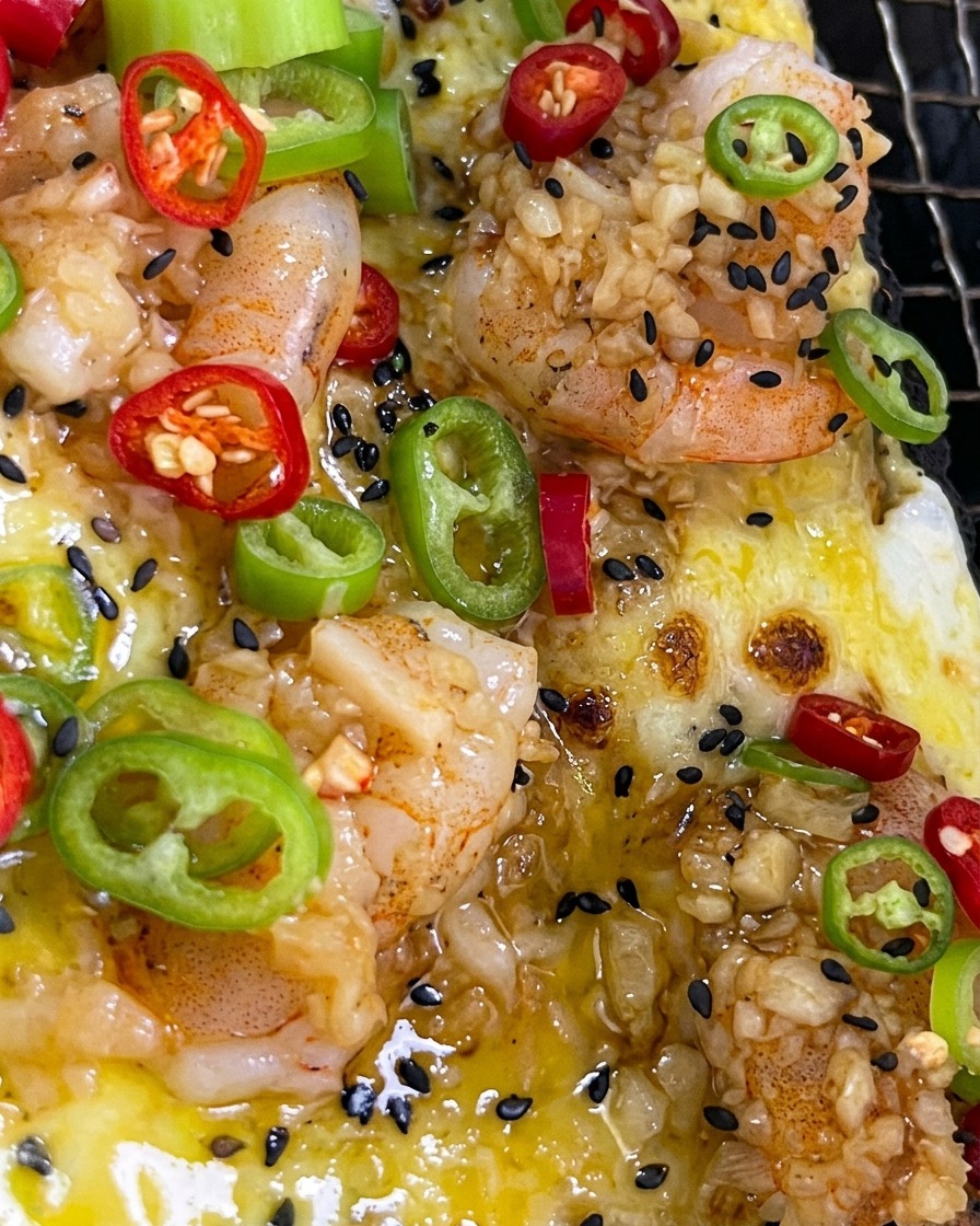 Des piments frais rouges et verts émincés sont parsemés sur une pizza aux crevettes fumante grillée au charbon.
