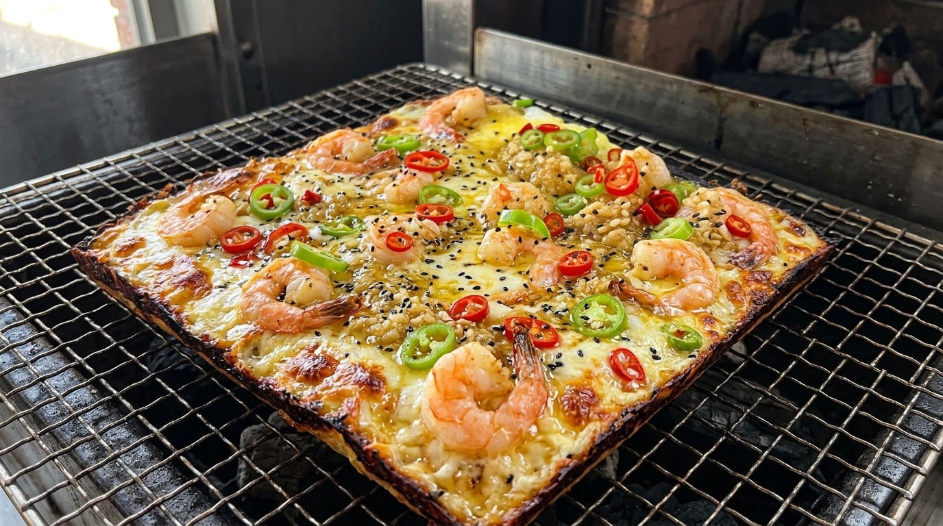 Pizza grillée au charbon de bois aux crevettes et à l'ail