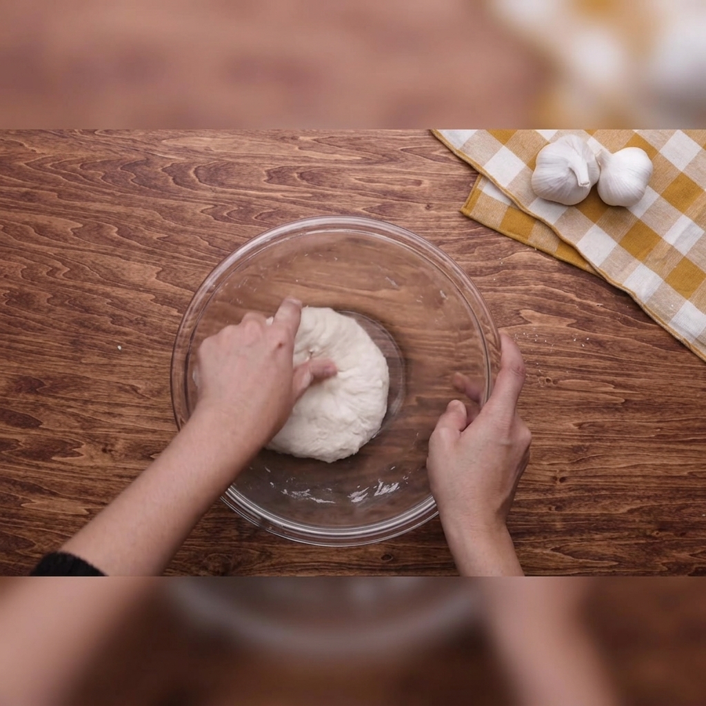 Deux mains pétrissant une boule de pâte blanche dans un saladier en verre transparent sur un fond en bois.