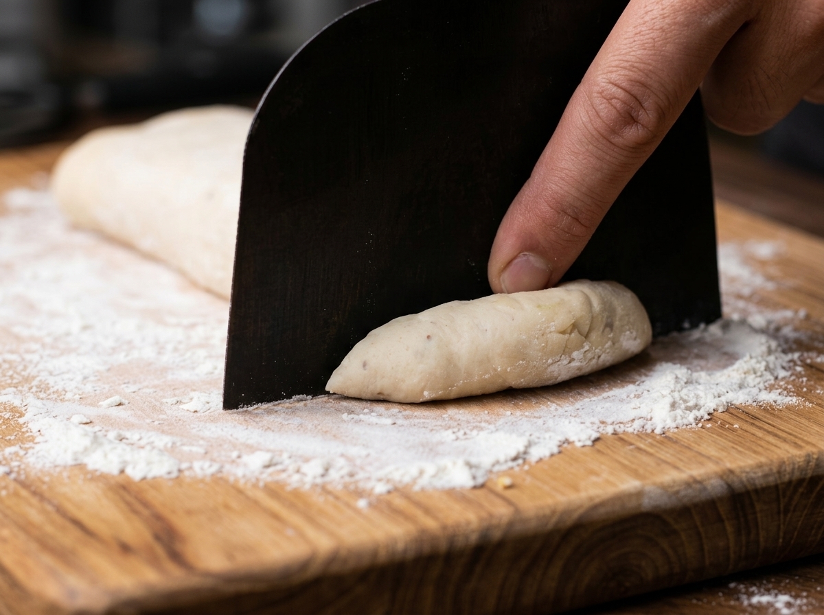 Gros plan sur une main utilisant un coupe-pâte en métal noir pour couper un morceau de pâte sur une planche à découper en bois.