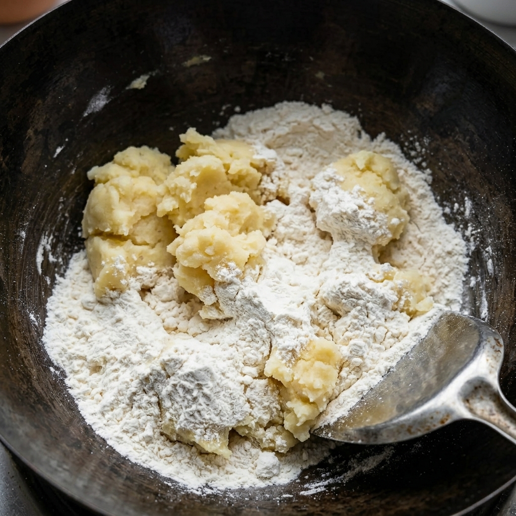 Une spatule en métal mélangeant de la farine blanche à du beurre fondu dans une poêle pour former une pâte de roux épaisse.