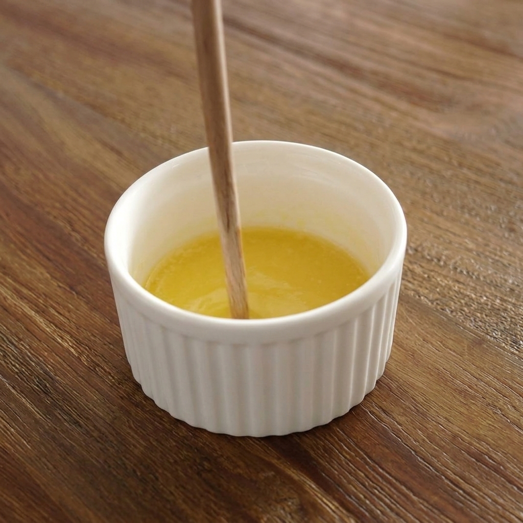 Une cuillère en bois déposant une portion dail haché dans un ramequin blanc contenant du beurre jaune fondu.