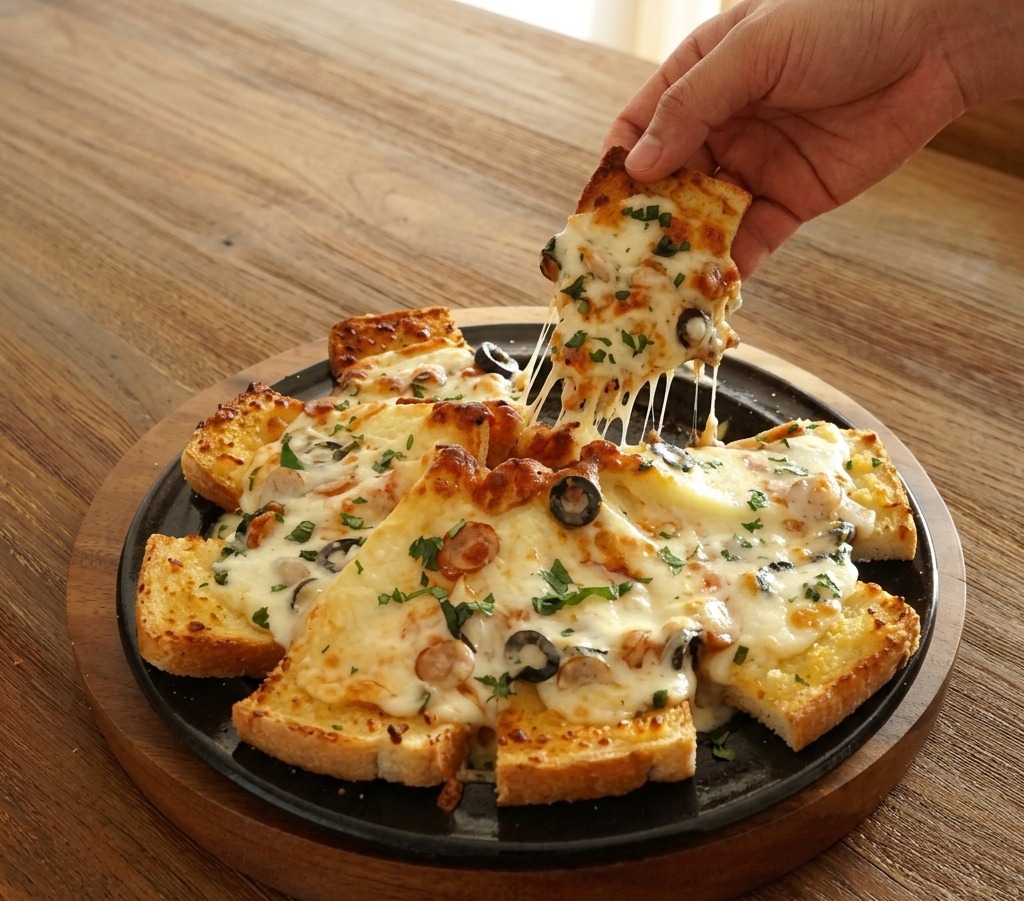 Trois cuillerées de sauce tomate rouge vif déposées sur des tranches de fromage au centre de la pizza de pain.