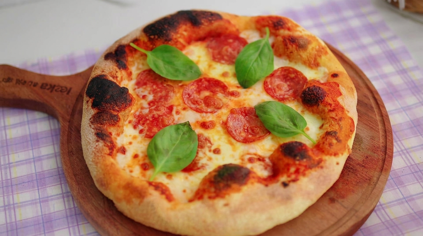 Pizza napolitaine maison au salami et pâte fine croustillante
