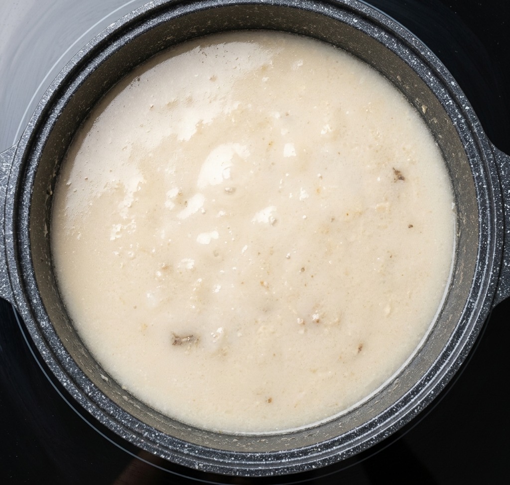 Vue plongeante dune grande marmite noire sur une cuisinière remplie dun bouillon dos de porc bouillonnant, opaque et blanc laiteux.