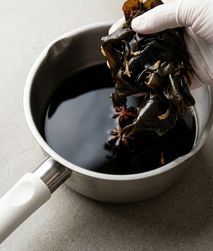 Une main gantée soulevant un morceau de kombu réhydraté dune casserole en acier inoxydable contenant une marinade sombre à base de soja avec de la badiane visible.