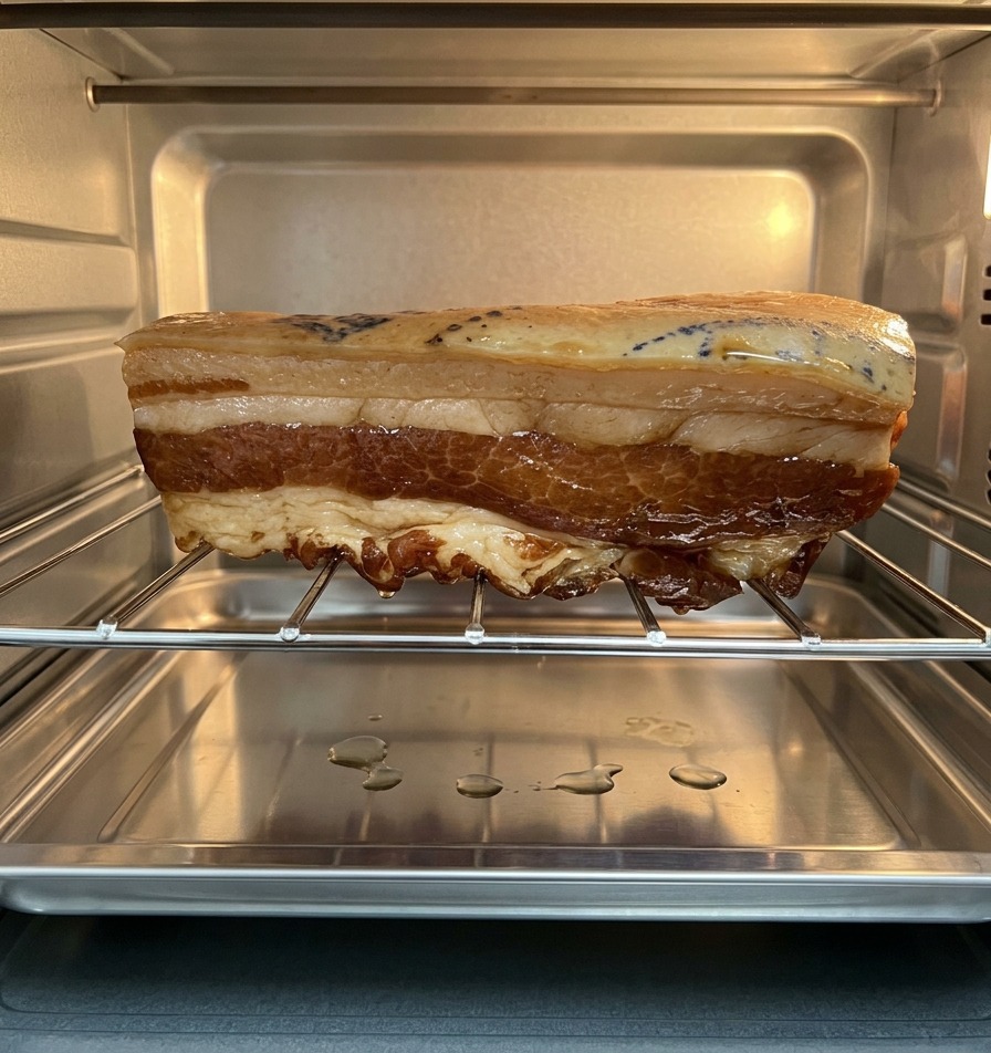 Un grand morceau de poitrine de porc mariné rôtissant sur une grille métallique à lintérieur dun four en acier inoxydable, la graisse ségouttant dans la plaque en dessous.