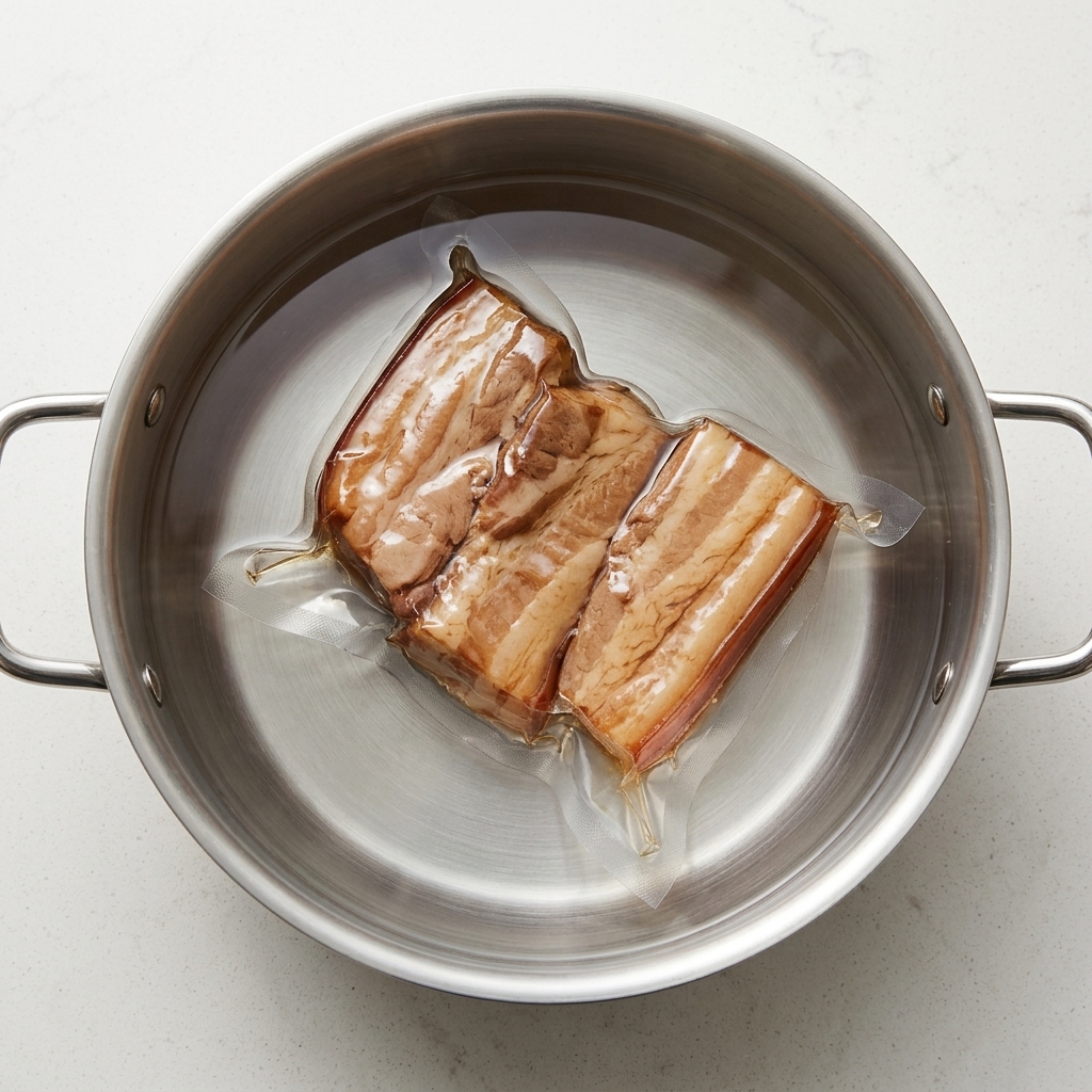 Sacs en plastique scellés sous vide contenant des tranches de poitrine de porc marinée immergées dans une marmite deau en acier inoxydable pour une cuisson sous vide.