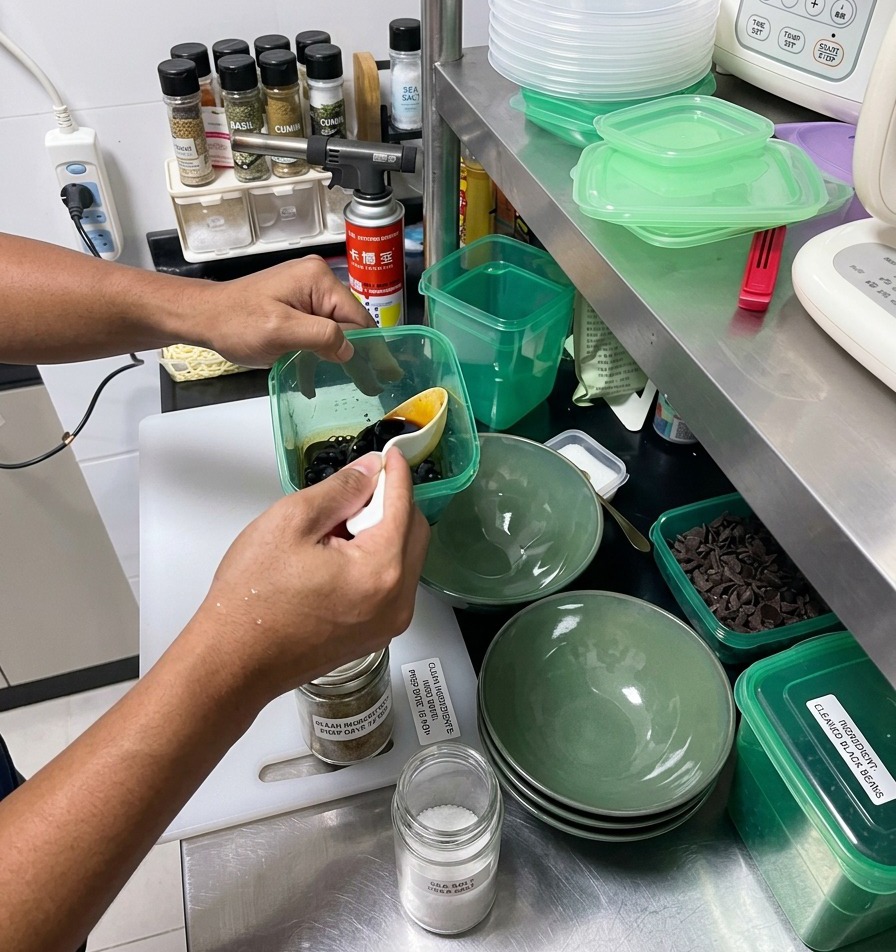Une personne utilisant une petite louche blanche pour verser lassaisonnement au soja foncé dans des bols en céramique verte sur un comptoir en acier inoxydable.
