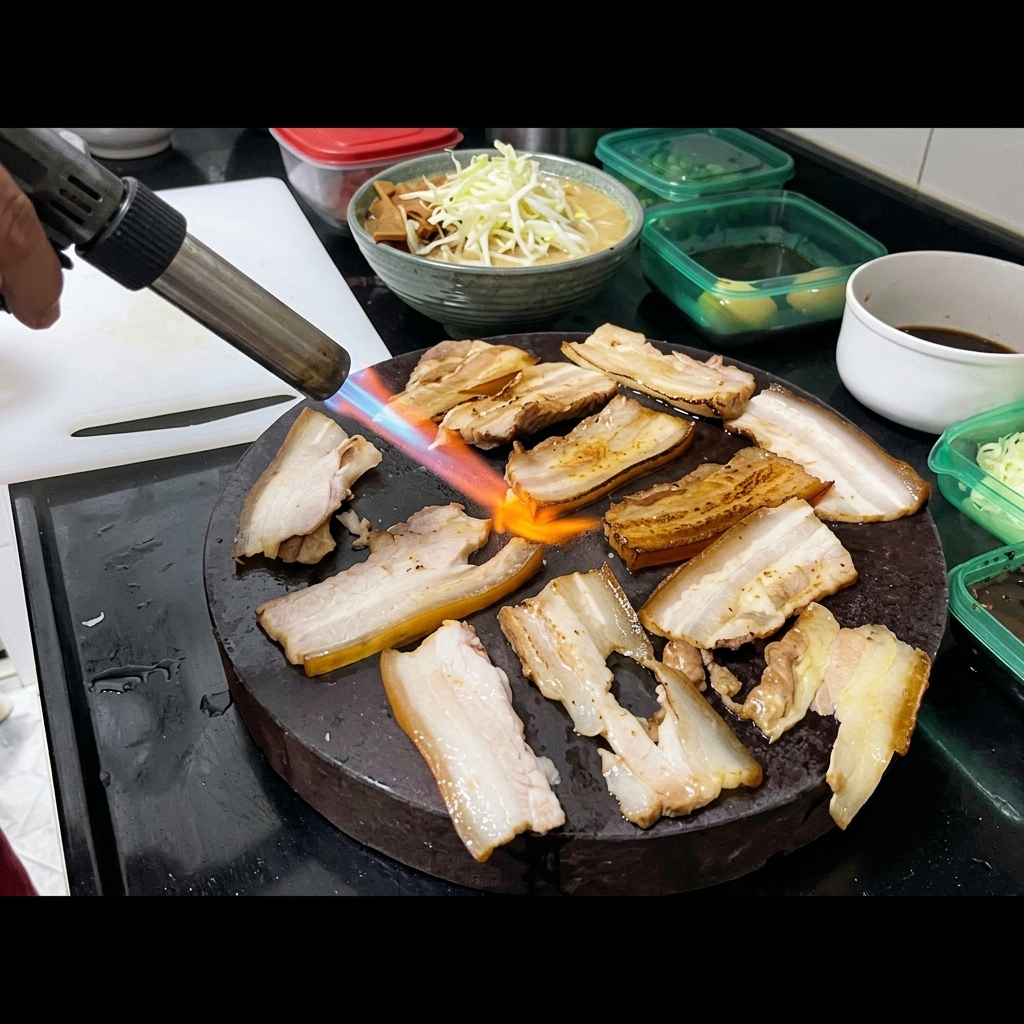 Un chalumeau de cuisine saisissant des tranches de poitrine de porc cuite sur une assiette en pierre sombre, avec des bols doignons verts émincés et de sauce visibles en arrière-plan.