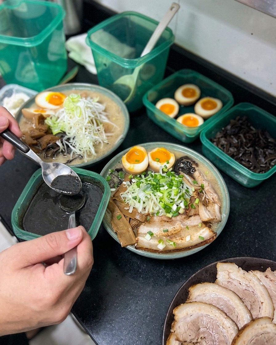 Une personne utilisant une cuillère en argent pour verser de lhuile dail noir sur un bol de ramen entièrement dressé et garni de porc, dœuf et doignons.