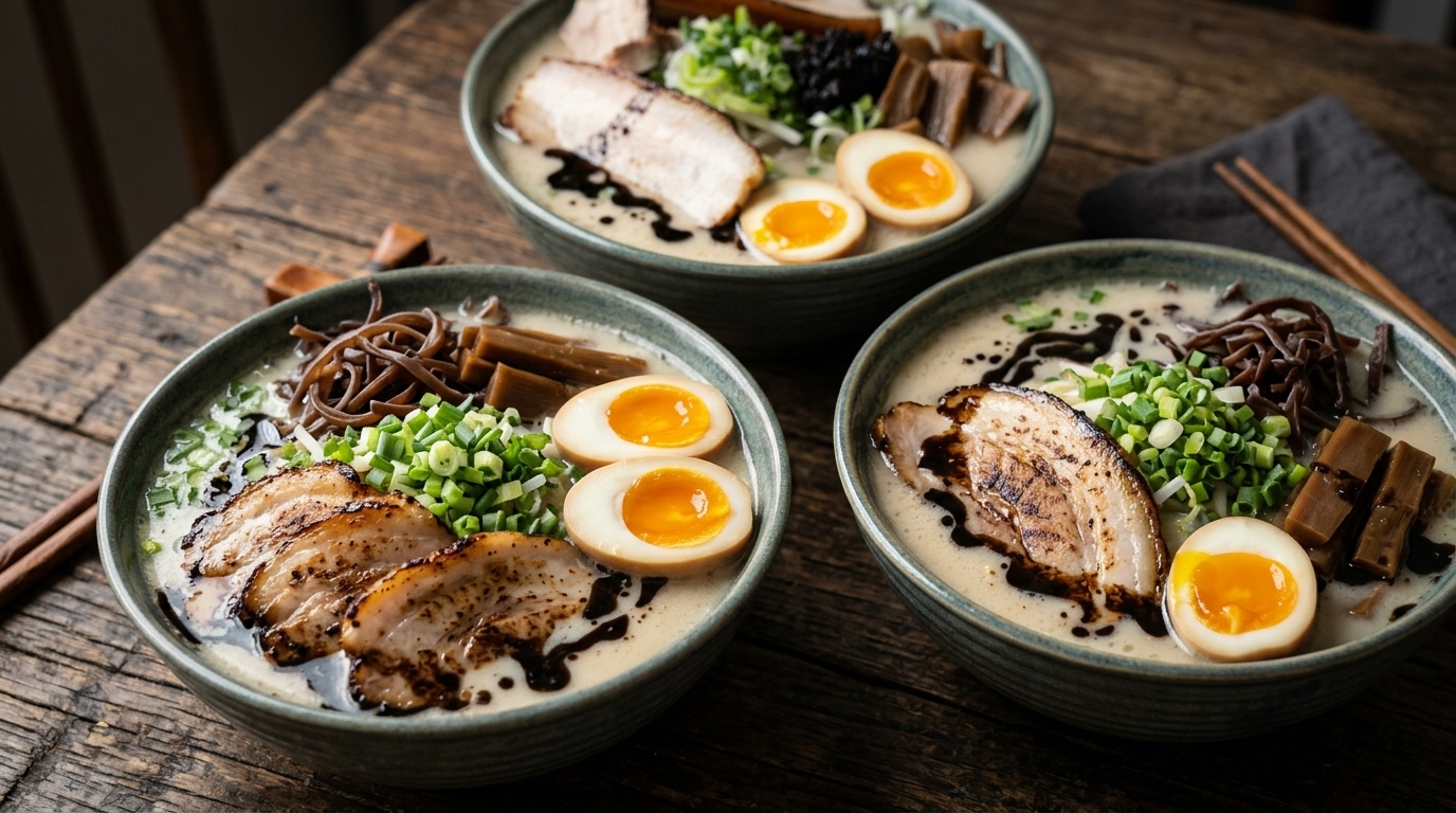 Ramen Hakata Tonkotsu Authentique au Bouillon Maison et Huile d'Ail Noir