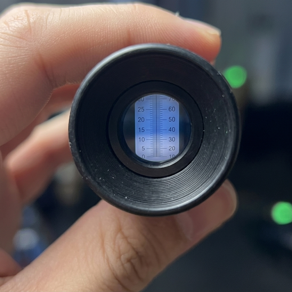 Une vue circulaire à travers la lentille dun réfractomètre montrant une échelle bleue et blanche avec la ligne dhorizon reposant exactement sur le chiffre 5.