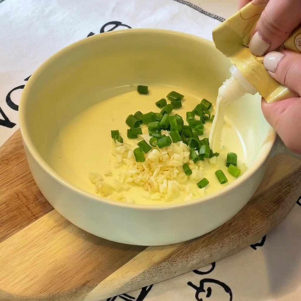 Une main verse un filet de mayonnaise depuis un tube en plastique jaune dans un bol contenant de lail et de la ciboule.