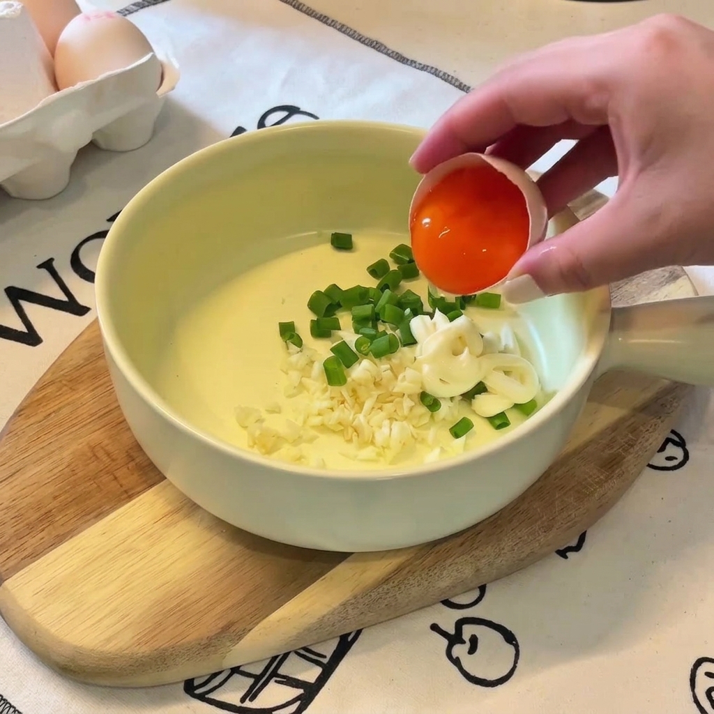 Une main tenant une coquille dœuf laisse tomber un jaune dœuf orange vif dans un bol rempli dail et doignons verts hachés.