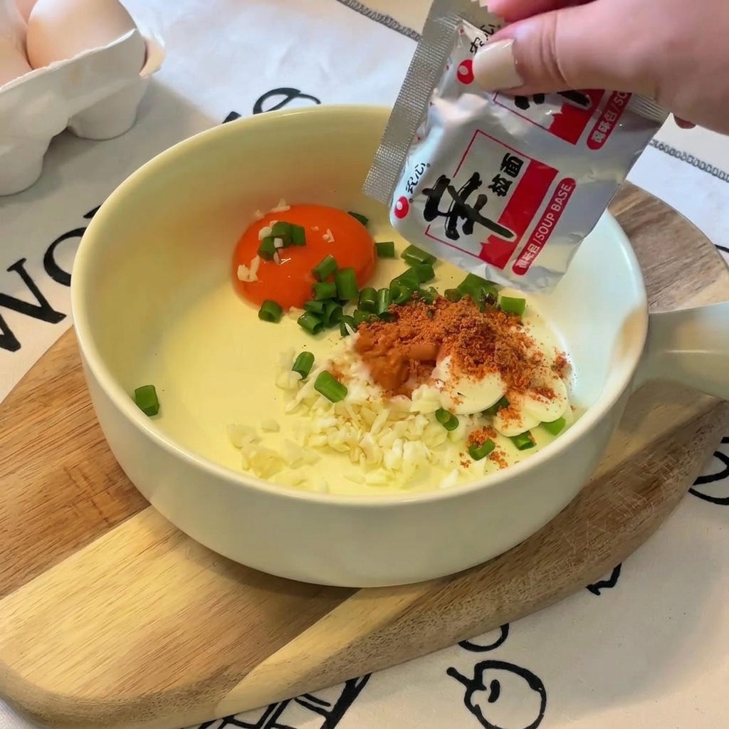 Une main verse de la poudre dassaisonnement orange dun sachet de ramen dans un bol contenant un jaune dœuf, de la mayonnaise et des oignons verts.