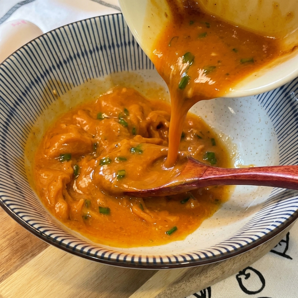 Une soupe de ramen orange et crémeuse est versée dun petit bol de préparation vers un grand bol en céramique à rayures bleues et blanches.