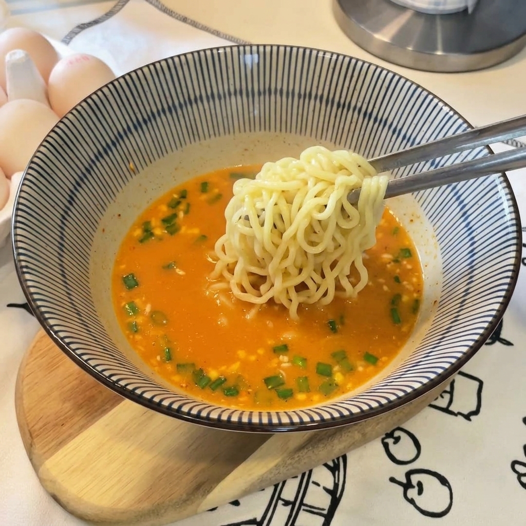 Une pince métallique maintient une portion de nouilles jaunes ondulées au-dessus dun bol de bouillon orange parsemé doignons verts.
