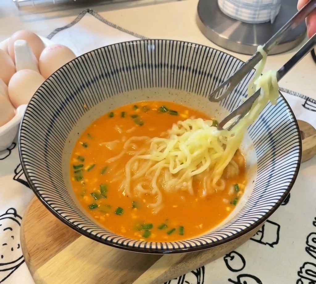 Une paire de baguettes dépose une moitié dœuf mollet au jaune orange coulant sur un bol de ramen fumant.