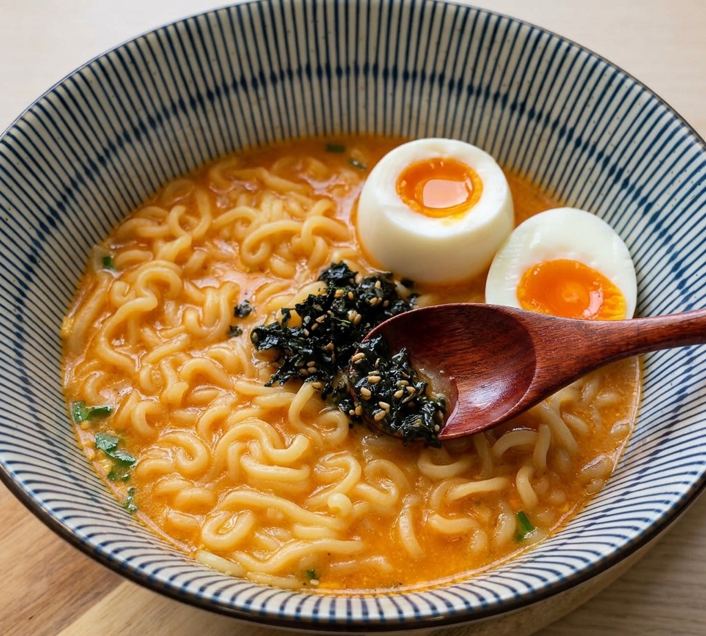Une cuillère en bois repose dans un bol de ramen garni de nouilles, de bouillon et dœufs mollets, tandis quon ajoute des algues séchées et des graines de sésame au centre.